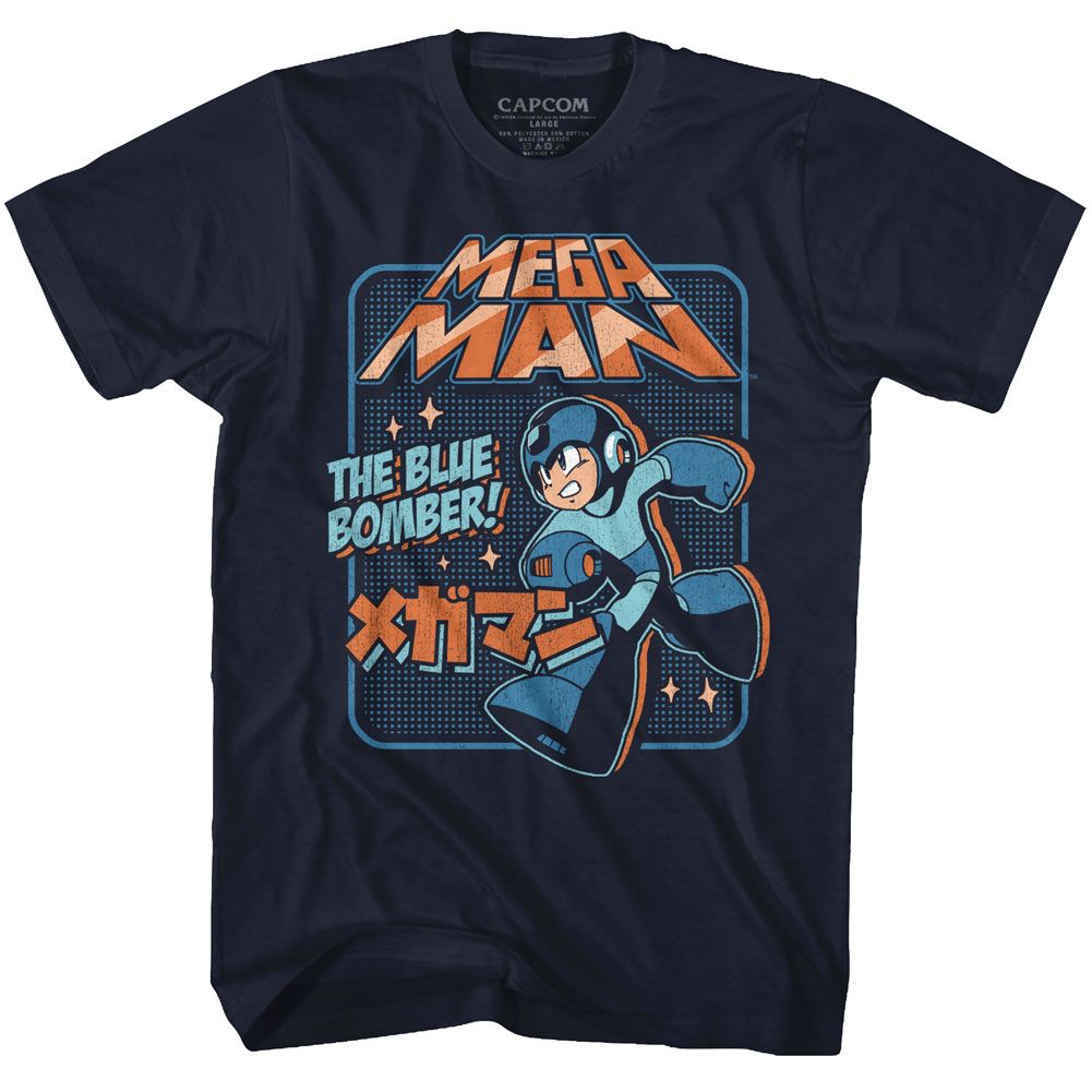 MEGA MAN-GRAPHIC BLU BOMBER-NAVY ADULT S/S TSHIRT