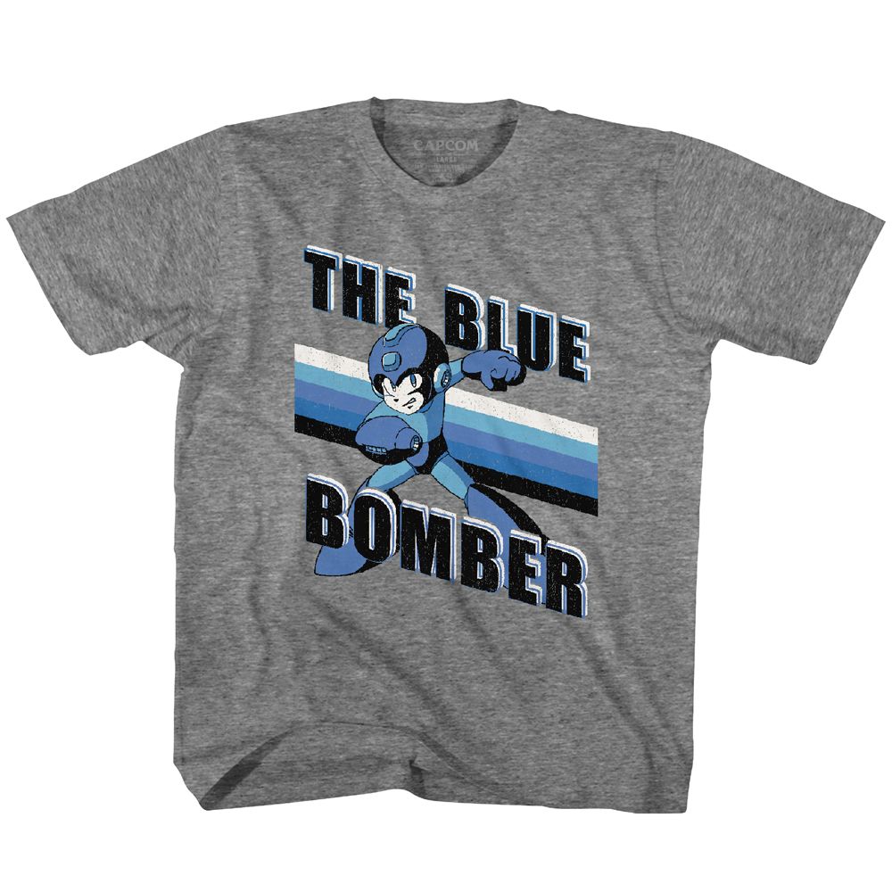 MEGA MAN-BLUE BOMBER STRIPES-GRAPHITE HEATHER YOUTH S/S TSHIRT