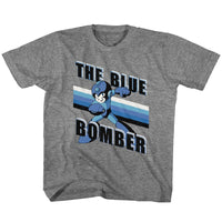 Thumbnail for MEGA MAN-BLUE BOMBER STRIPES-GRAPHITE HEATHER YOUTH S/S TSHIRT