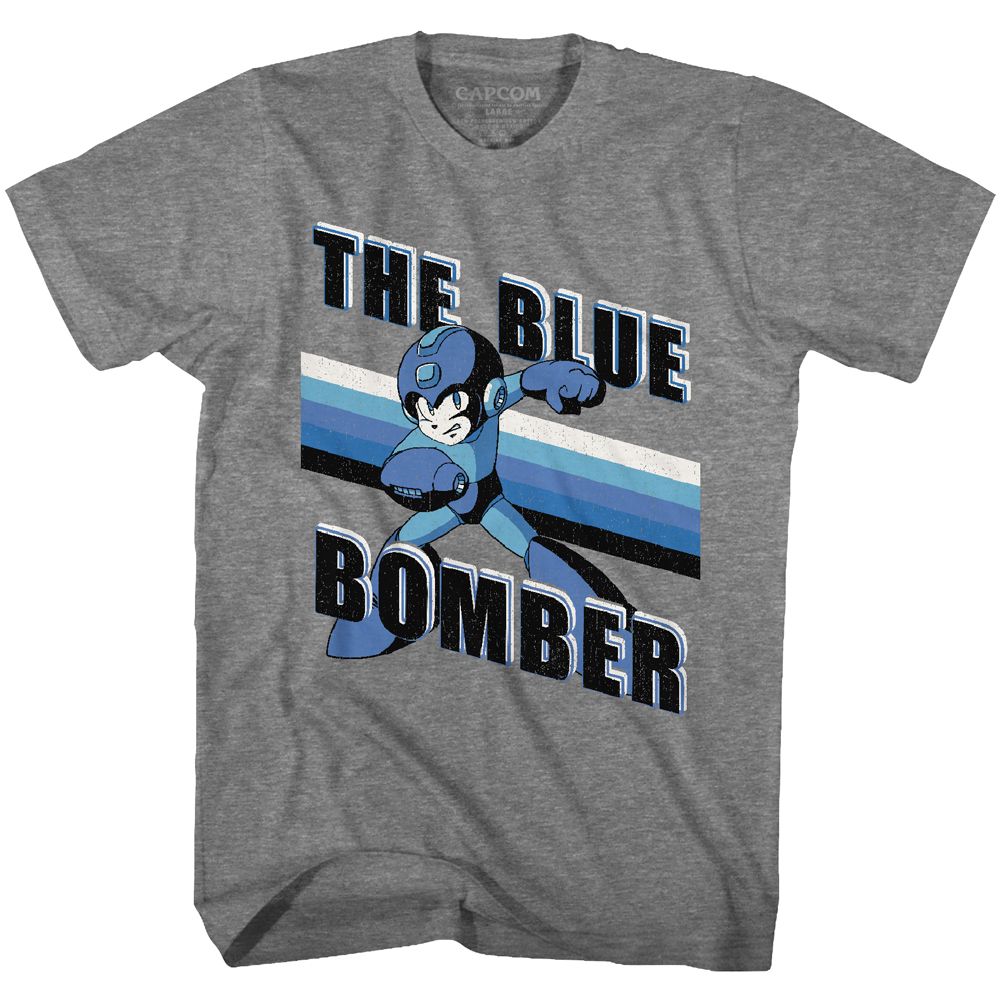 MEGA MAN-BLUE BOMBER STRIPES-GRAPHITE HEATHER ADULT S/S TSHIRT