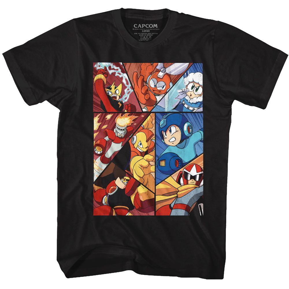 MEGA MAN-ROBOT PANELS-BLACK ADULT S/S TSHIRT