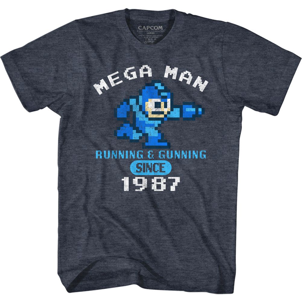 MEGA MAN-RUN&GUN 1987-NAVY HEATHER ADULT S/S TSHIRT