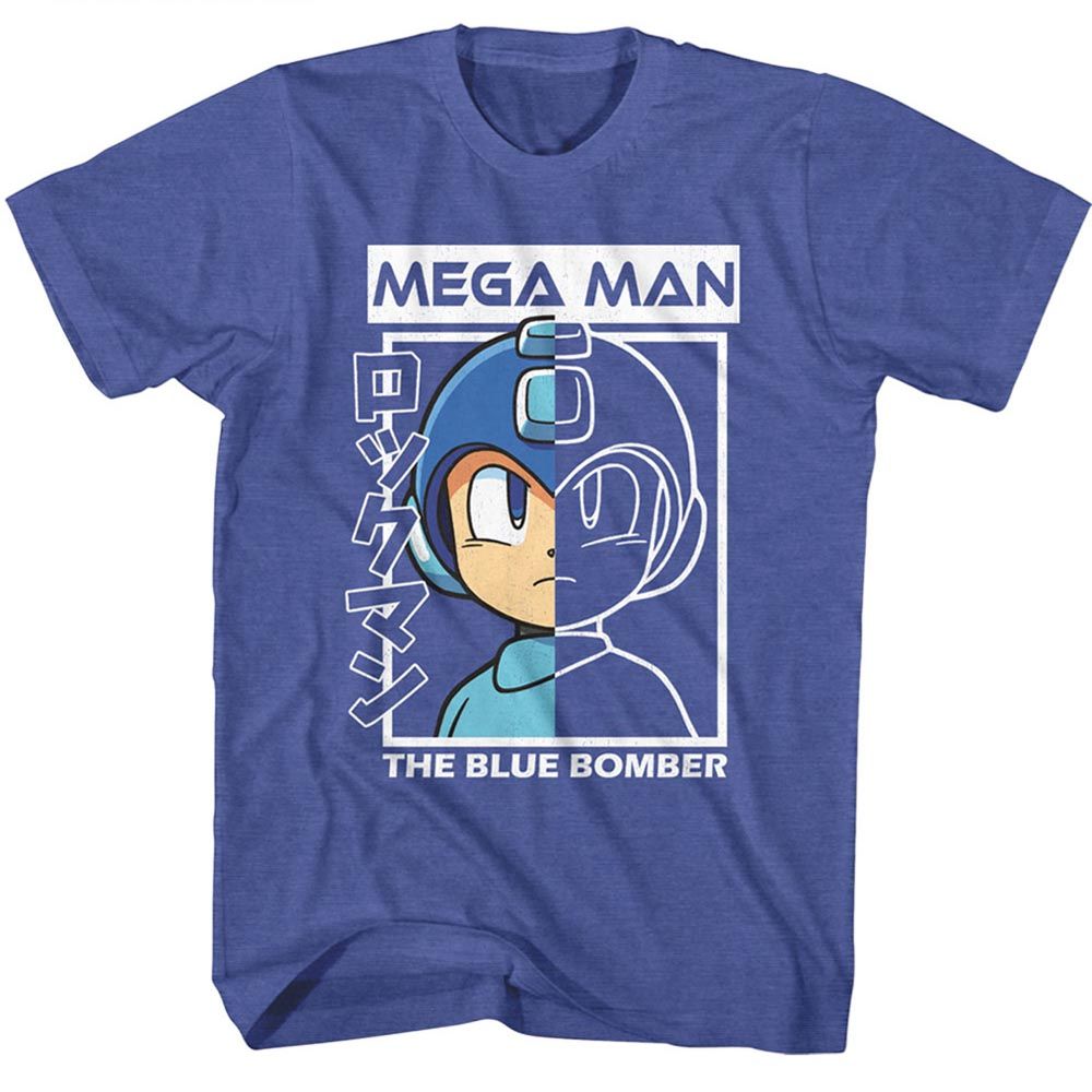 MEGA MAN-MEGA MAN HALF COLOR HALF OUTLINE-ROYAL HEATHER ADULT S/S TSHIRT