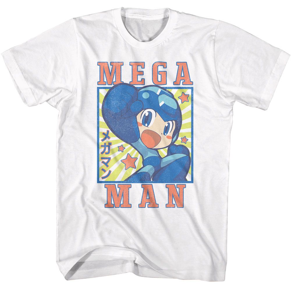 MEGA MAN-MEGA MAN SQUARE AND STARS-WHITE ADULT S/S TSHIRT