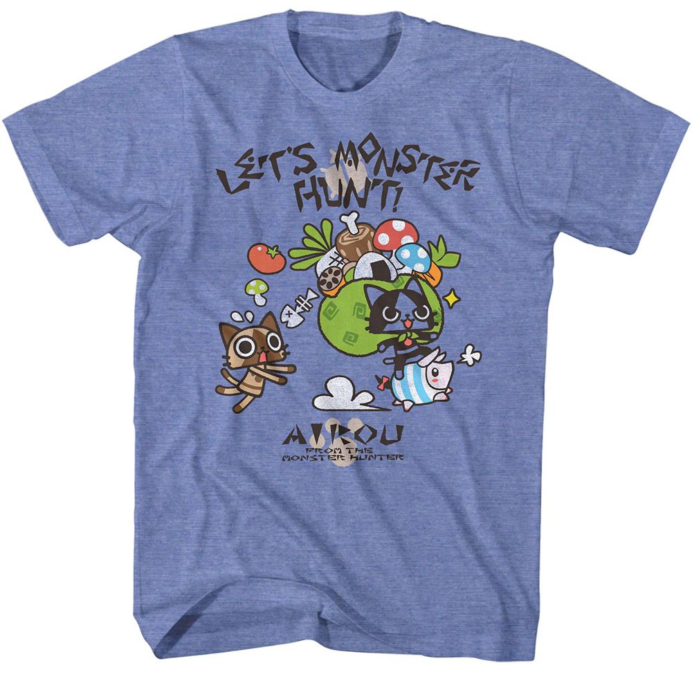 MONSTER HUNTER-AIROU HUNTER-LIGHT BLUE HEATHER ADULT S/S TSHIRT