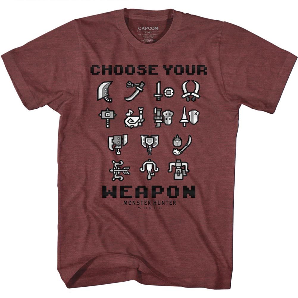 MONSTER HUNTER-CHOOSE YOUR WEAPON-VINTAGE MAROON HEATHER ADULT S/S TSHIRT