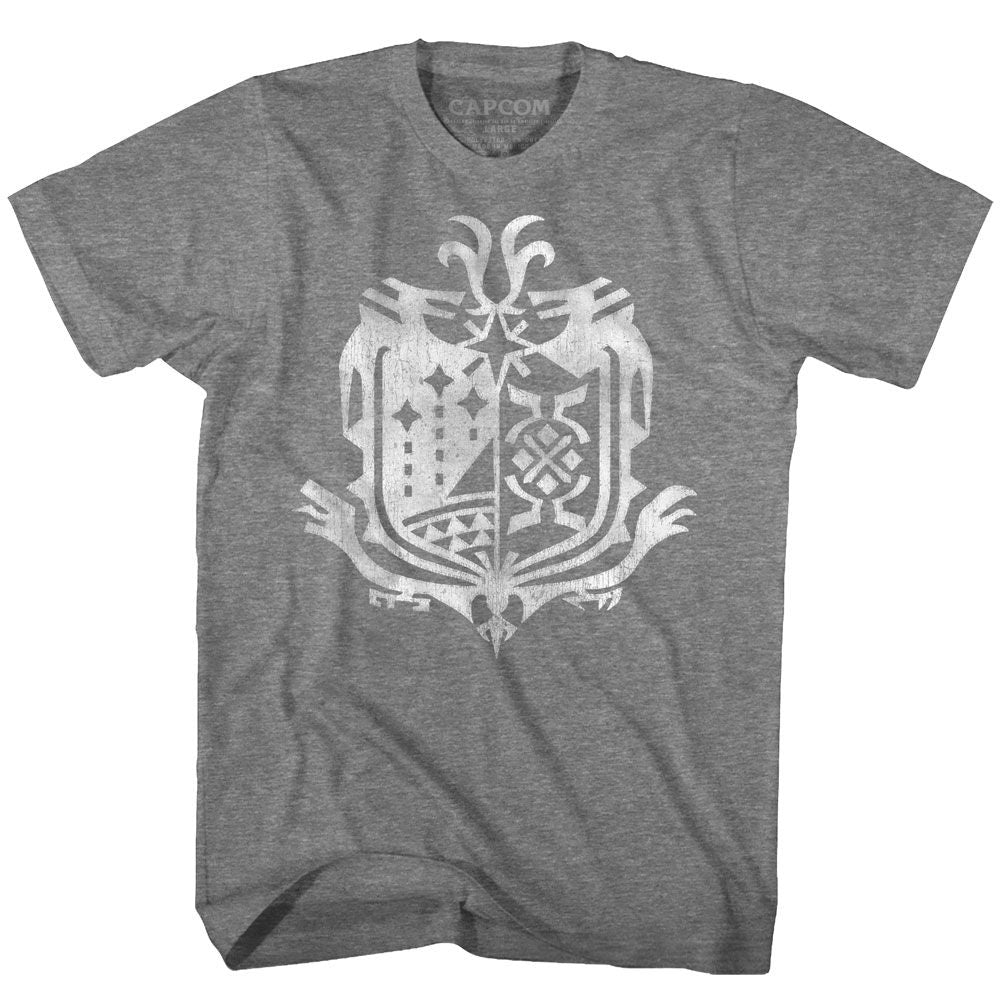 MONSTER HUNTER-WEATHERED WORLD EMBLEM-GRAPHITE HEATHER ADULT S/S TSHIRT