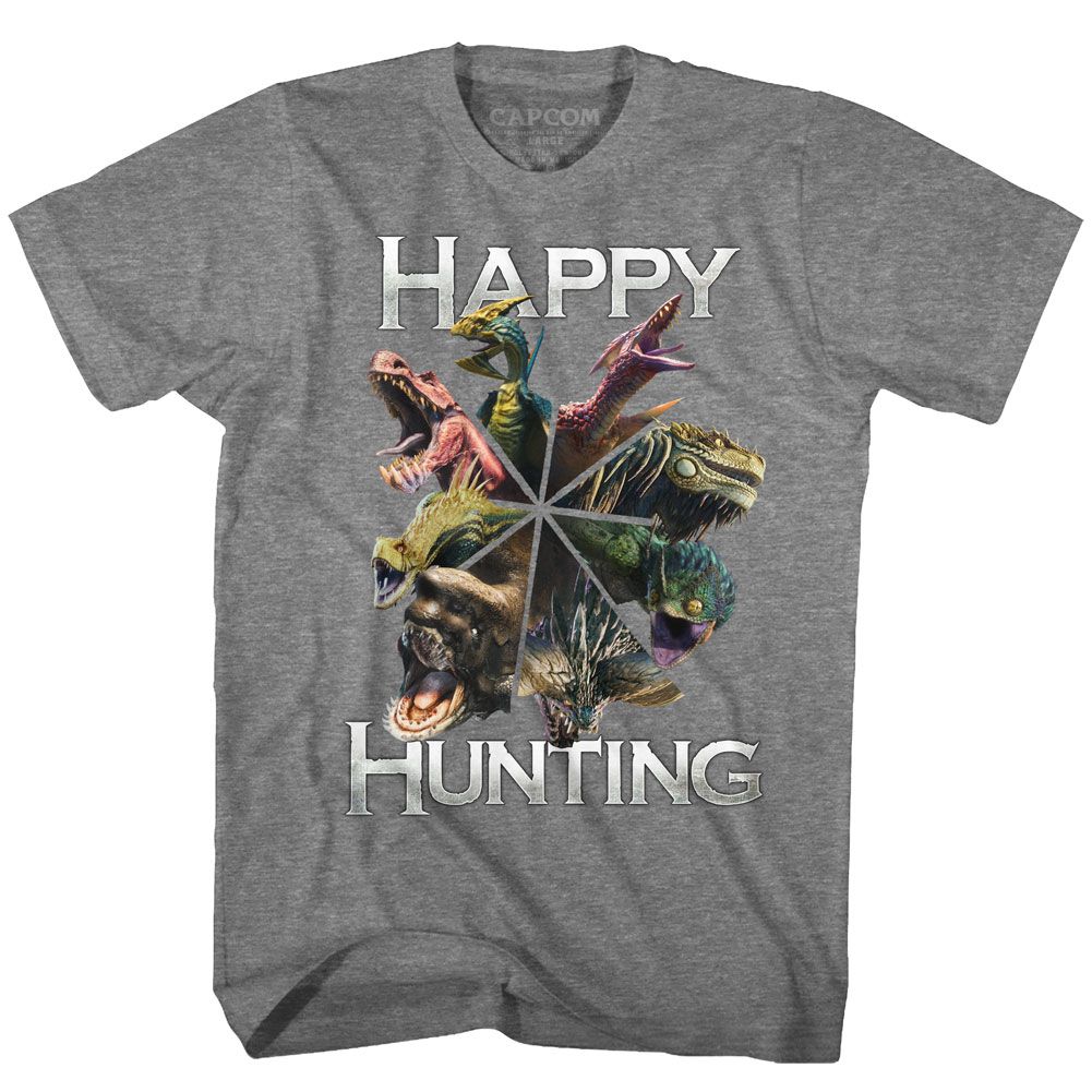 MONSTER HUNTER-HAPPY HUNTING-GRAPHITE HEATHER ADULT S/S TSHIRT