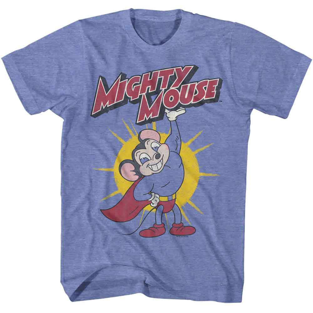 MIGHTY MOUSE-MIGHTY MOUSE LIFTING LOGO-LIGHT BLUE HEATHER ADULT S/S TSHIRT
