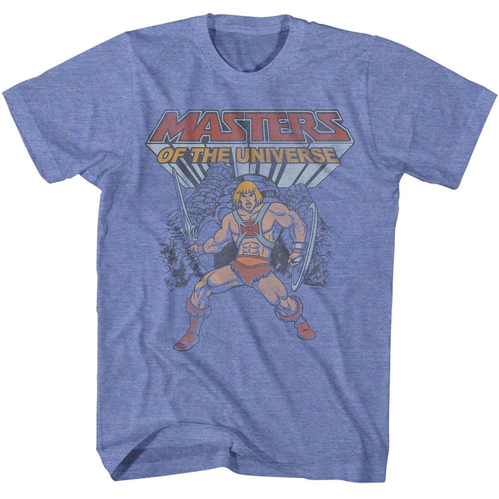 MASTERS OF THE UNIVERSE-MOTU HE MAN AND GRAYSKULL-LIGHT BLUE HEATHER ADULT S/S TSHIRT