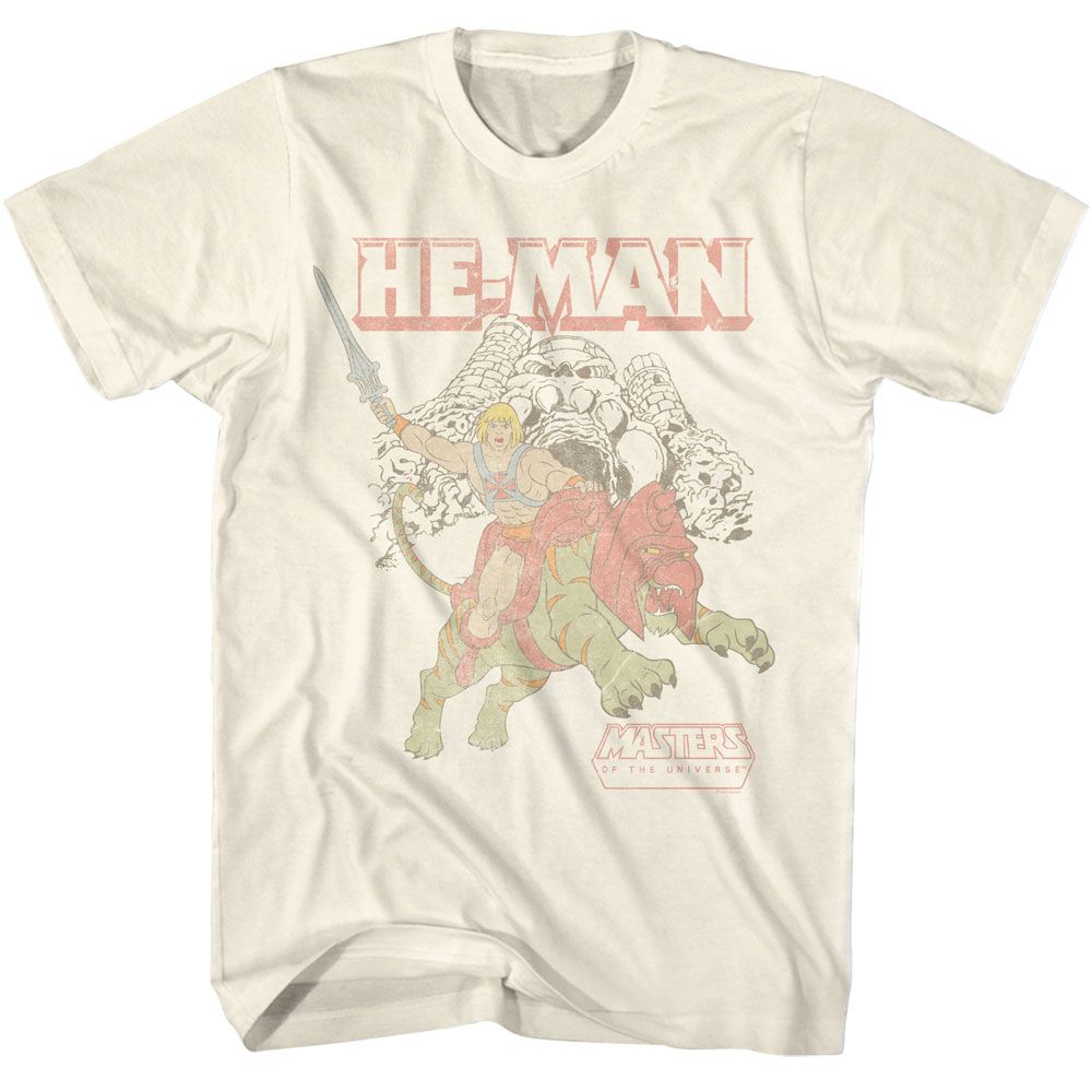 MASTERS OF THE UNIVERSE-MOTU HE MAN AND BATTLE CAT AT CASTLE GRAYSKULL-NATURAL ADULT S/S TSHIRT