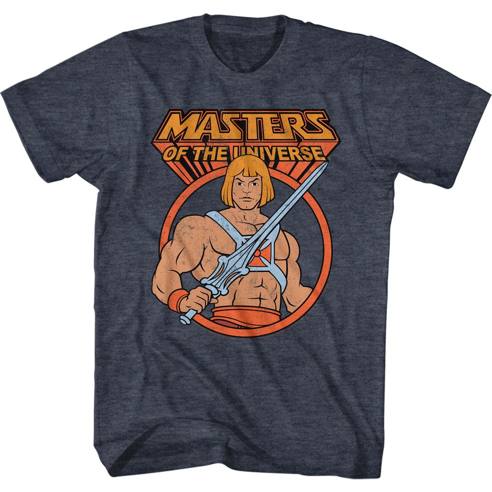 MASTERS OF THE UNIVERSE-HEMAN IN CIRCLE-NAVY HEATHER ADULT S/S TSHIRT