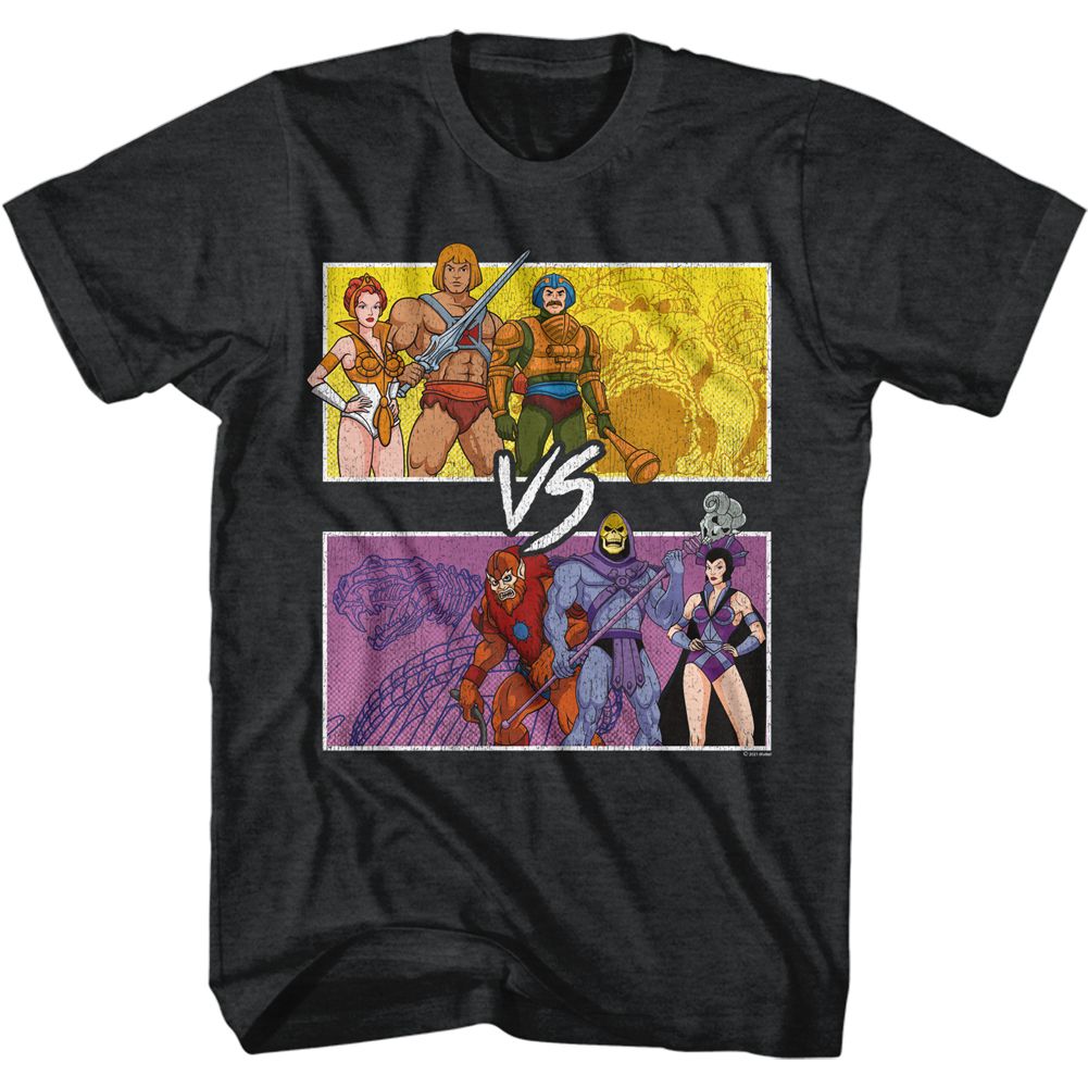 MASTERS OF THE UNIVERSE-HE MAN VS SKELETOR-BLACK HEATHER ADULT S/S TSHIRT