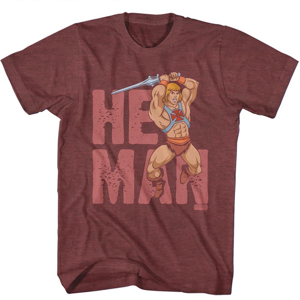 MASTERS OF THE UNIVERSE-MOTU HE MAN TEXT-VINTAGE MAROON HEATHER ADULT S/S TSHIRT