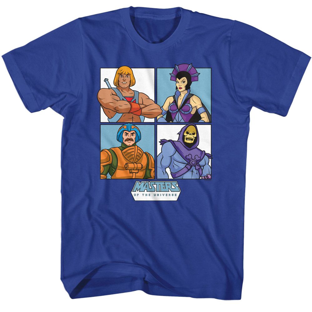 MASTERS OF THE UNIVERSE-MOTU FOUR CHARACTER SQUARES-ROYAL ADULT S/S TSHIRT