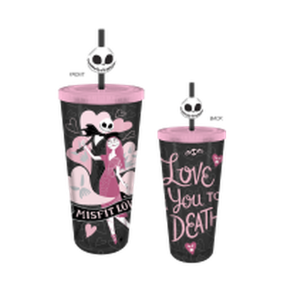 Nightmare Before Christmas Love You to Death  24oz Plastic Cold Cup w/ Lid and Topper Straw – 12 pc ppk ($6.50 each)