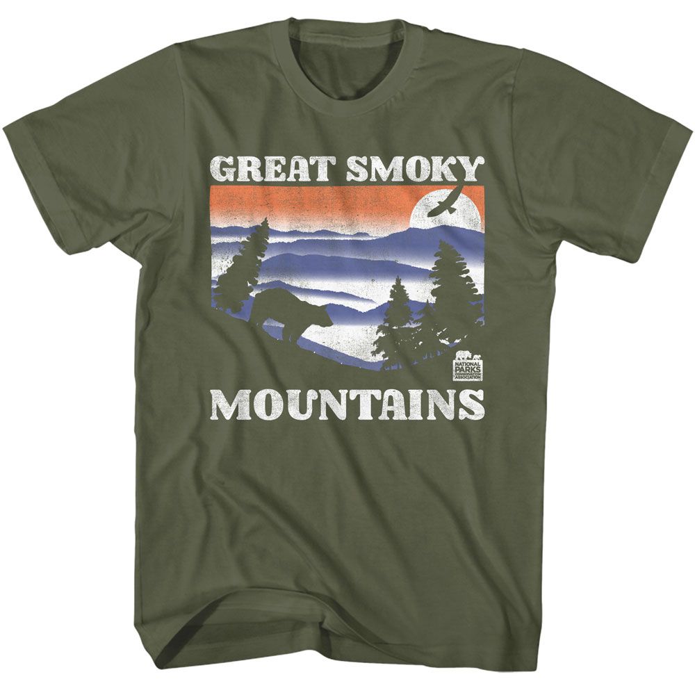 NPCA-GSM BEAR AND MTNS DARK-MILITARY GREEN ADULT S/S TSHIRT