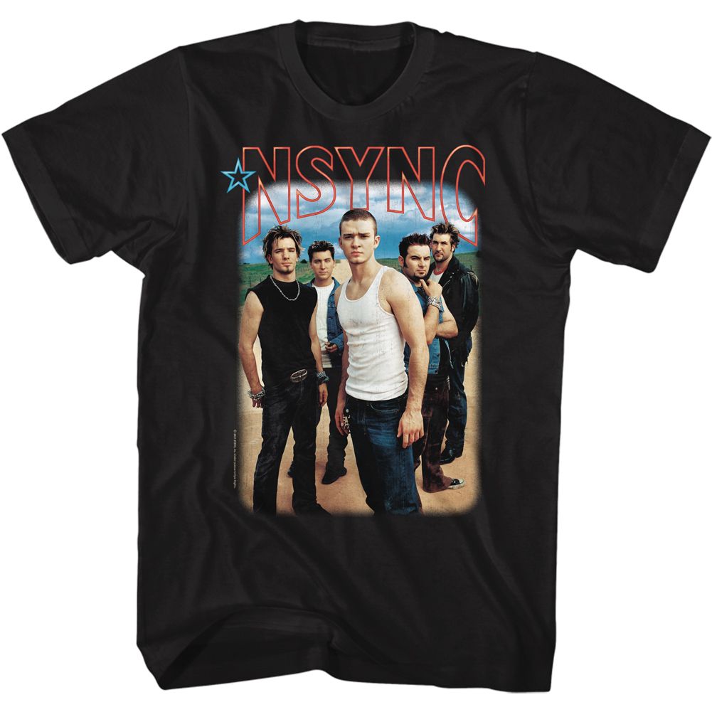 NSYNC-BLU SKIES AND LOGO-BLACK ADULT S/S TSHIRT