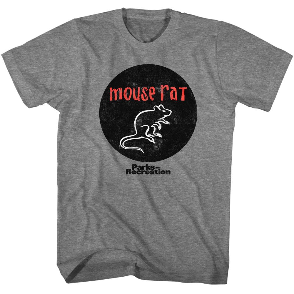 PARKS AND RECREATION-MOUSE RAT CIRCLE LOGO-GRAPHITE HEATHER ADULT S/S TSHIRT