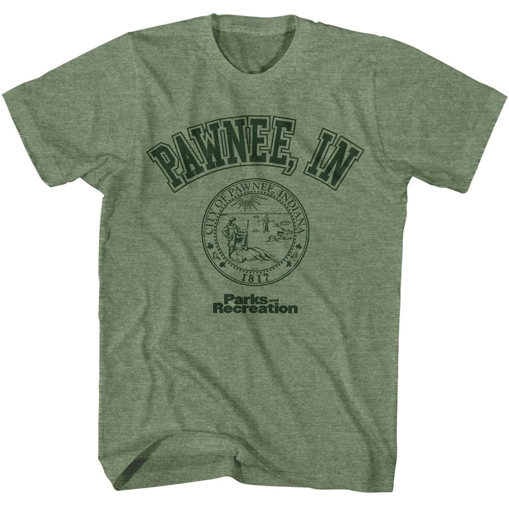 PARKS AND RECREATION-PAWNEE IN-MILITARY GREEN HEATHER ADULT S/S TSHIRT