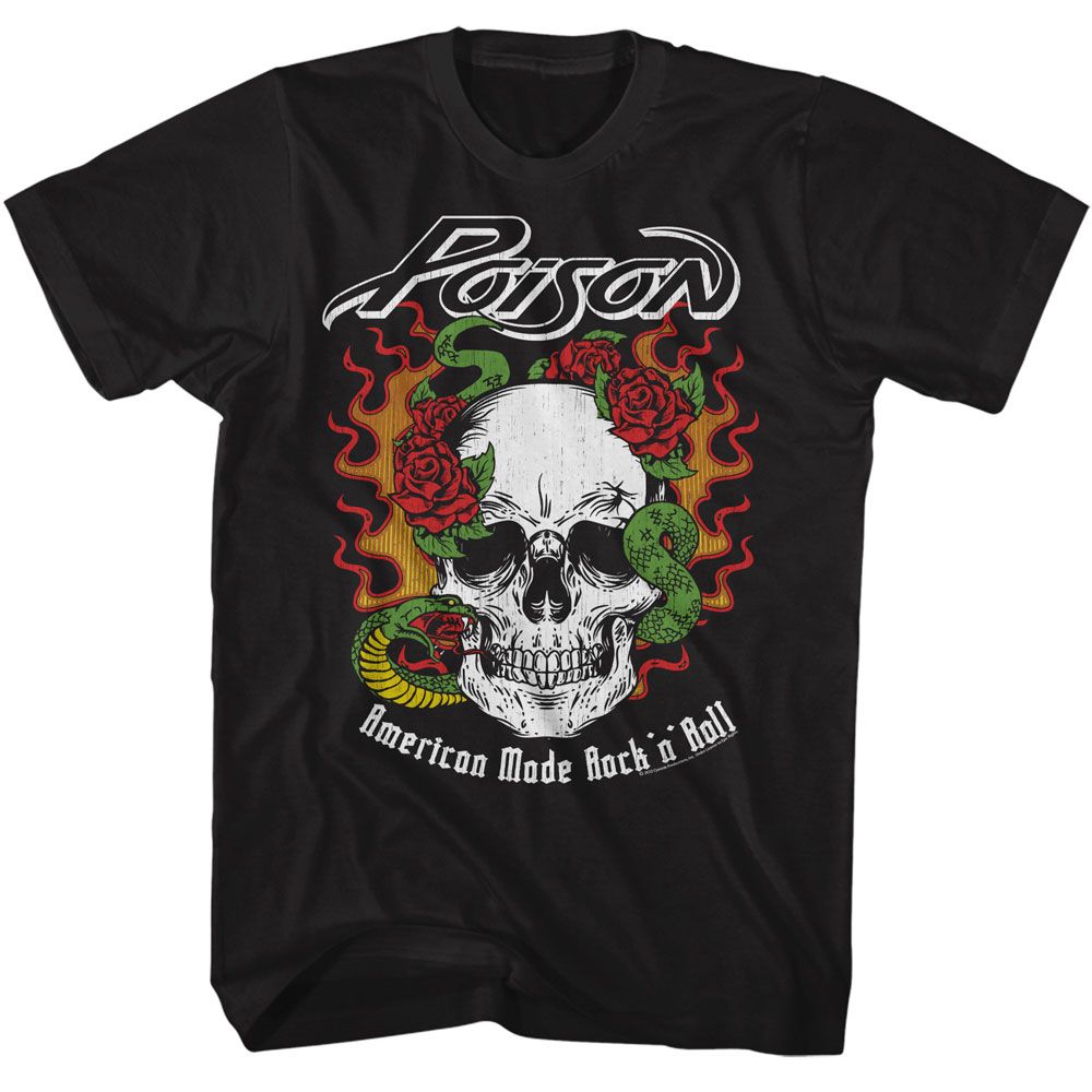 POISON-POISON FLAME SKULL WITH SNAKE-BLACK ADULT S/S TSHIRT