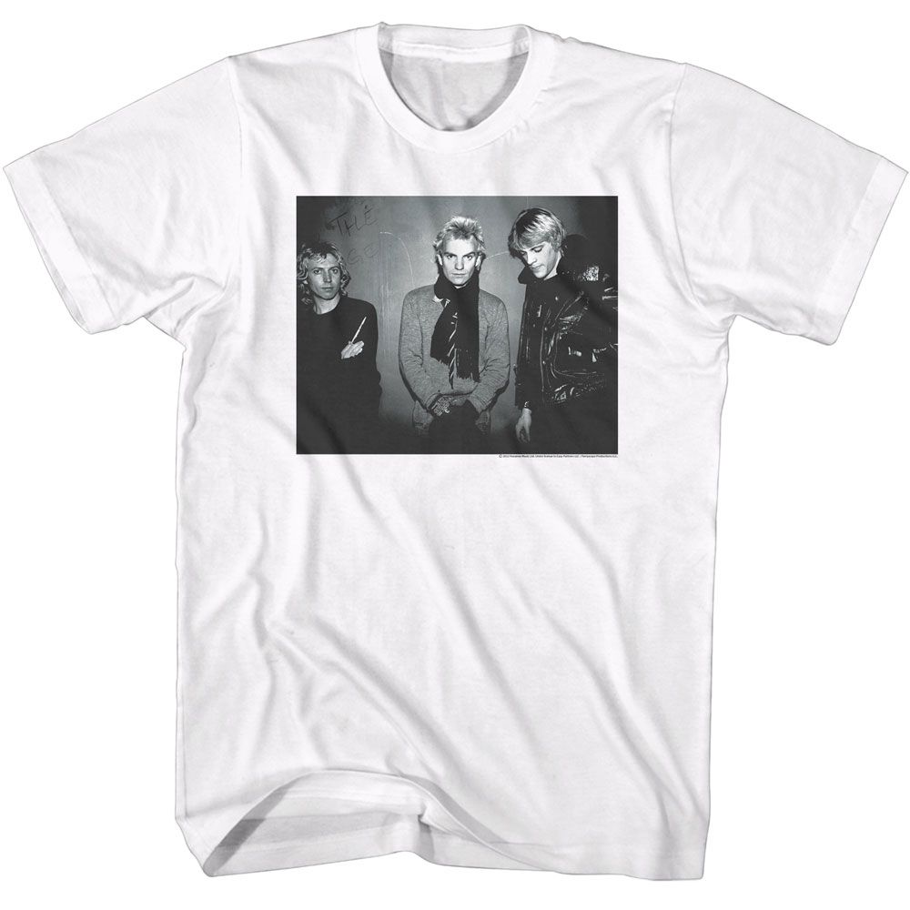THE POLICE-THE POLICE BW AGAINST WALL-WHITE ADULT S/S TSHIRT