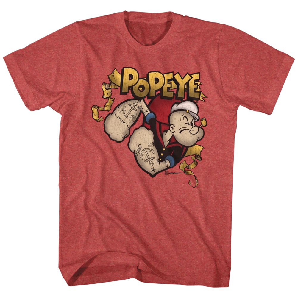 POPEYE-GOLD BANNER-RED HEATHER ADULT S/S TSHIRT
