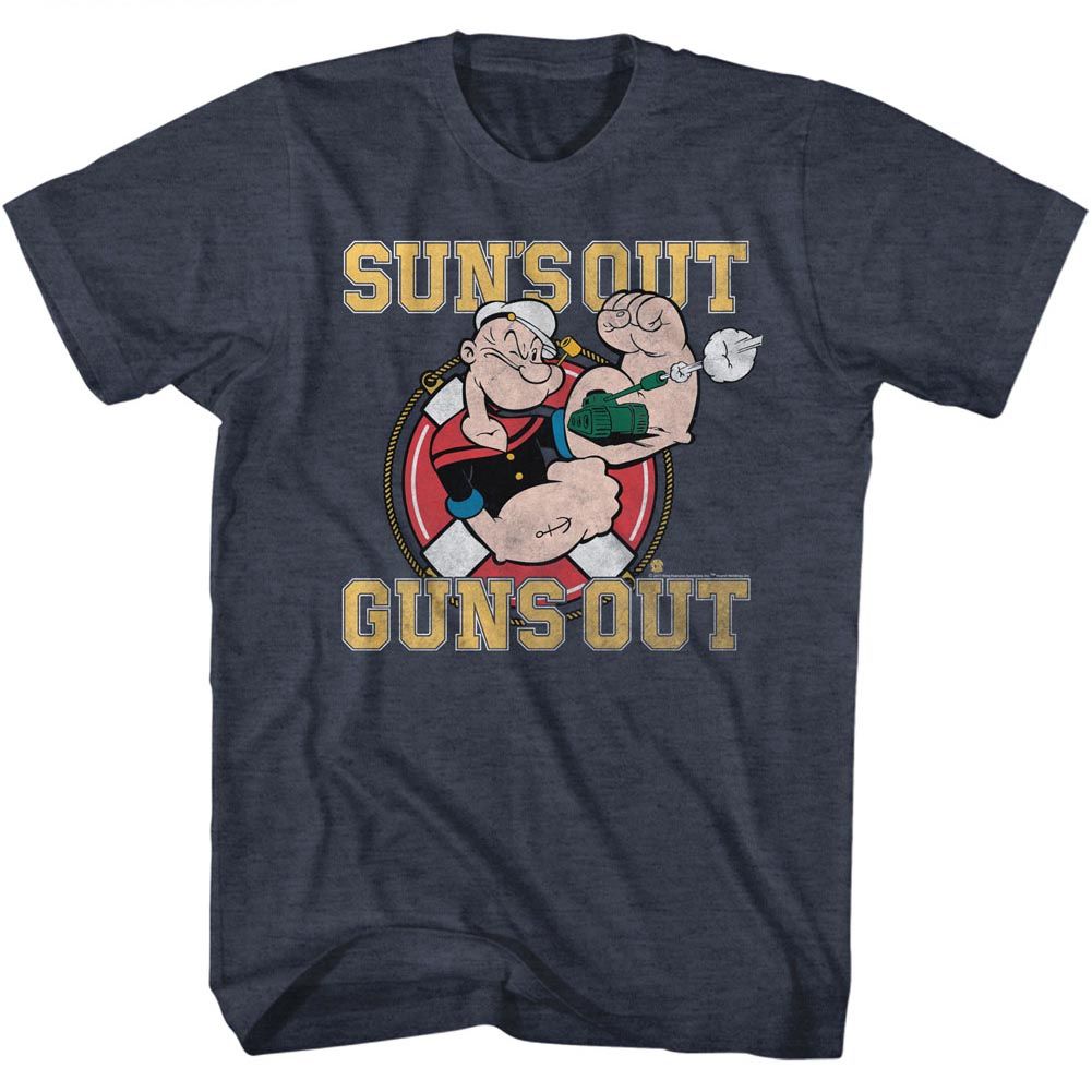 POPEYE-SUNS OUT GUNS OUT-NAVY HEATHER ADULT S/S TSHIRT