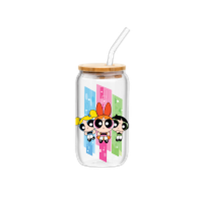 Power Puff Girls Trio  16oz Glass Tumbler w Bamboo Lid and Glass Straw – 12 pc ppk ($6.00 each)