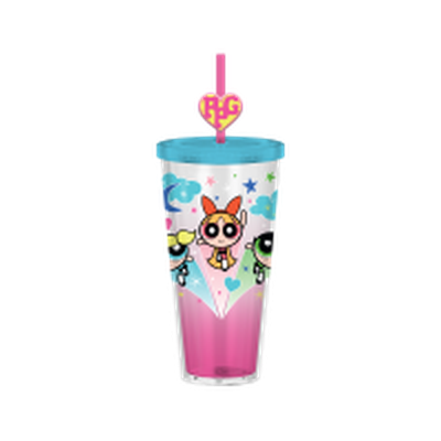 THE POWERPUFF GIRLS TRIO STAR POWER  24oz Plastic Cold Cup w/ Lid and Topper Straw – 12 pc ppk ($6.50 each)