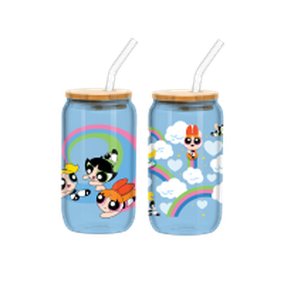 Powerpuff Girls Trio Flying Rainbows and Clouds Blue  2pk 16oz Glass Tumbler w Bamboo Lid and Glass Straw Set – 12 pc ppk ($13.25 each)
