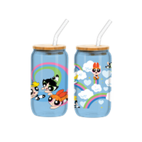 Thumbnail for Powerpuff Girls Trio Flying Rainbows and Clouds Blue  2pk 16oz Glass Tumbler w Bamboo Lid and Glass Straw Set – 12 pc ppk ($13.25 each)