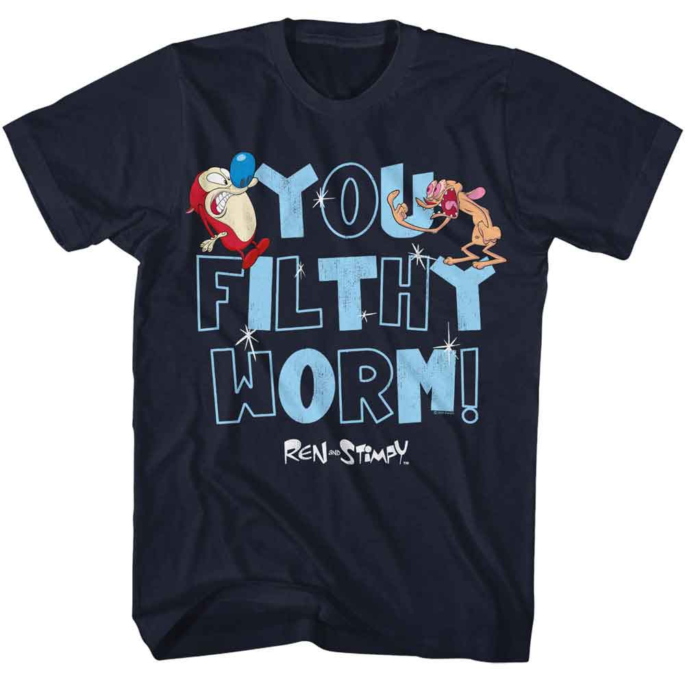 REN AND STIMPY-REN AND STIMPY YOU FILTHY WORM-NAVY ADULT S/S TSHIRT