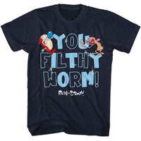 Thumbnail for REN AND STIMPY-REN AND STIMPY YOU FILTHY WORM-NAVY ADULT S/S TSHIRT