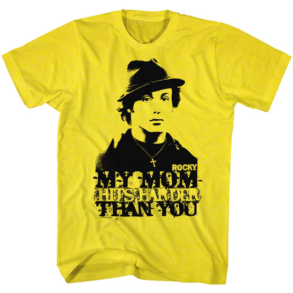 ROCKY-MY MOM HITS HARDER-YELLOW ADULT S/S TSHIRT