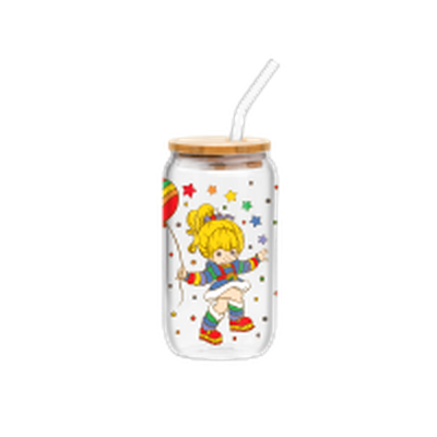 Rainbow Brite RB Balloon Star Dots  16oz Glass Tumbler w Bamboo Lid and Glass Straw – 12 pc ppk ($6.00 each)