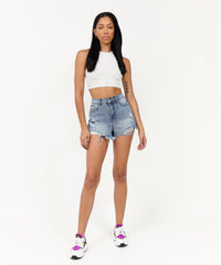 Thumbnail for Madison Women's Distressed High-Waist Denim Shorts - Blue