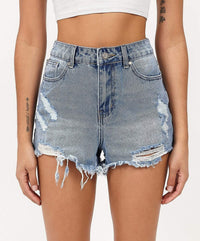 Thumbnail for Madison Women's Distressed High-Waist Denim Shorts - Blue