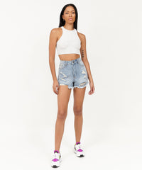 Thumbnail for Ella Women's Distressed High-Waist Denim Shorts - Blue
