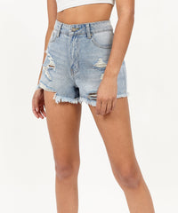 Thumbnail for Ella Women's Distressed High-Waist Denim Shorts - Blue