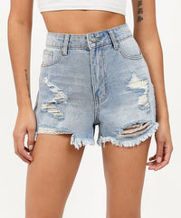 Thumbnail for Ella Women's Distressed High-Waist Denim Shorts - Blue