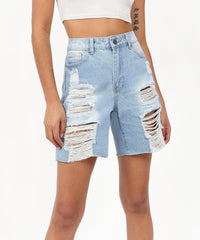 Thumbnail for Sofia Women's Distressed High-Waist Denim Shorts - Blue