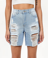 Thumbnail for Sofia Women's Distressed High-Waist Denim Shorts - Blue
