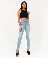 Thumbnail for Abigail Women's Distressed High-Waist Super Skinny Jeans - Blue