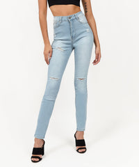 Thumbnail for Abigail Women's Distressed High-Waist Super Skinny Jeans - Blue