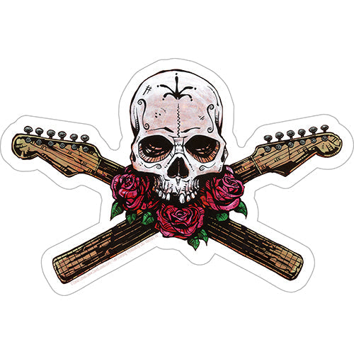 David Lozeau Skull Guitar Neck Cross 6"x4" Sticker - 6 pc prepack