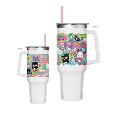 Sanrio Hello Kitty and Friends Super Cute Sticker Collage   40oz Stainless Steel Tumbler w Handle – 12 pc ppk ($13.75 each)