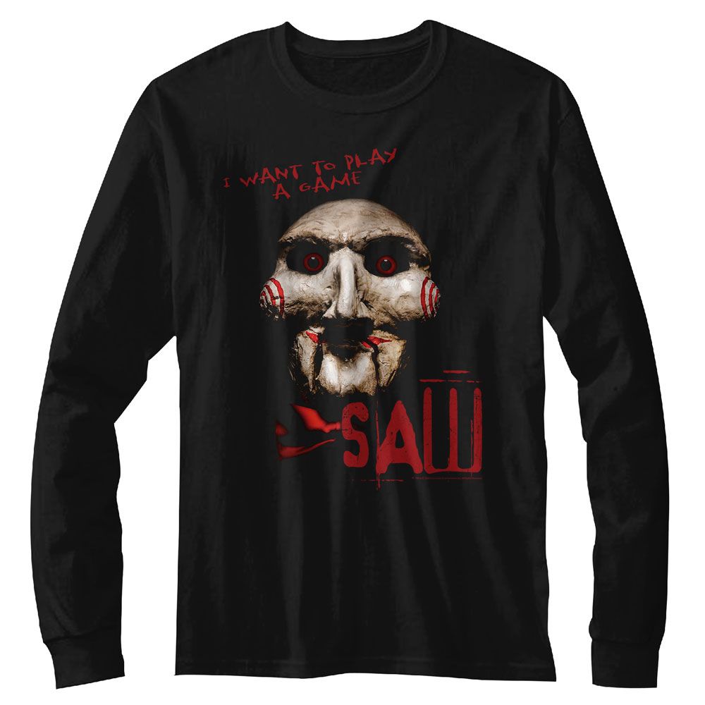 SAW-SAW I WANT TO PLAY-BLACK ADULT L/S TSHIRT