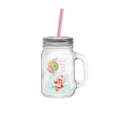 Strawberry Shortcake Cloud and Balloons 21oz Glass Mason Jar w Lid and Straw – 12 pc ppk ($5.25 each)