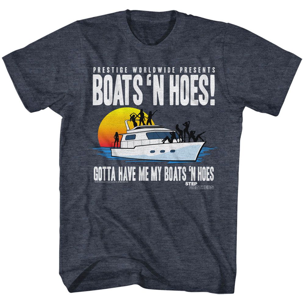 STEP BROTHERS-STEP BROTHERS BOAT WITH SAUCY GALS-NAVY HEATHER ADULT S/S TSHIRT
